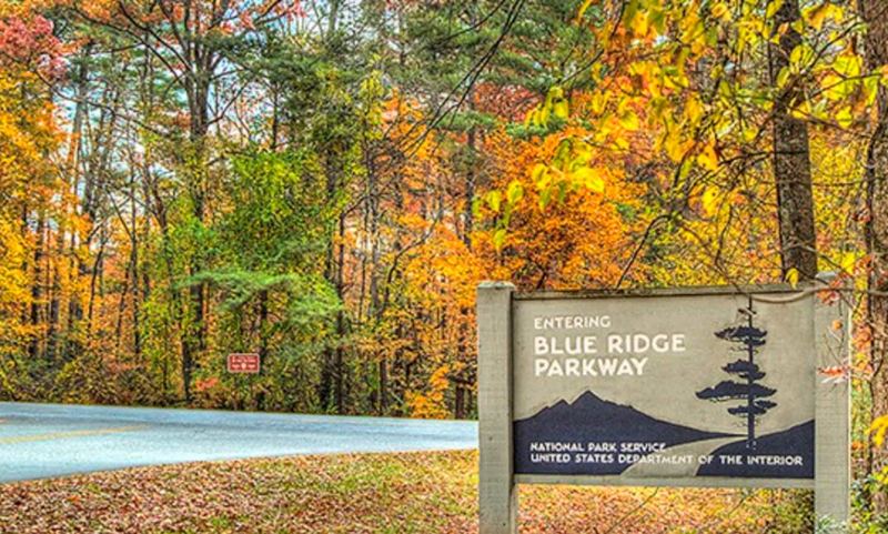 Blue Ridge Parkway sign in fall